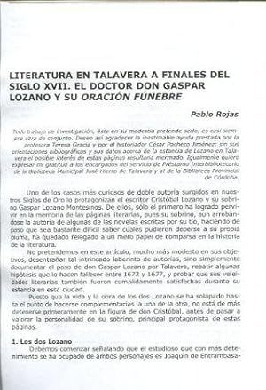 LITERATURA EN TALAVERA A FINALES DEL SIGLO XVII. EL DOCTOR DON GASPAR LOZANO Y SU ORACION FUNEBRE.