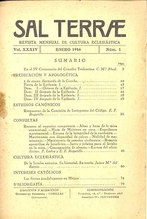 Seller image for DE LA BOMBA ATOMICA, SU HISTORIAL-SU TEORIA. SAL TERRAE. REVISTA MENSUAL DE CULTURA ECLESIASTICA. for sale by Libreria 7 Soles