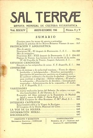 Seller image for SIMONIA EN LOS ESTIPENDIOS DE MISAS. SAL TERRAE. REVISTA MENSUAL DE CULTURA ECLESIASTICA. for sale by Libreria 7 Soles