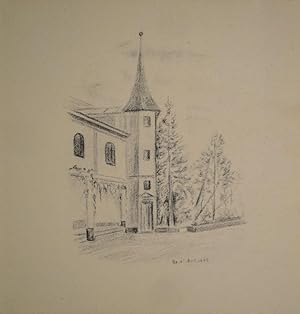 Scherbenhof Weinfelden. Seitenansicht mit Turm und Park. Lithographie. 1941. Unten rechts im Stei...