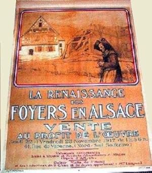 Affiche lithographie signée BENNER Many. La Renaissance des Foyers en Alsace