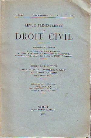 REVUE TRIMESTRIELLE DE DROIT CIVIL. 61º ANNEE, JUILLET-SEPTEMBRE 1962. Nº 3.