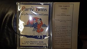 Seller image for The Party Twins and Their Forty Parties, Plays and Games in Color RED, BLUE & WHITE dustjacket of Twin Boy & girl walking Outside, Good period piece, Twins Penny-Party & Polly-Play are 2 Lively Children that have planned all these parties for sale by Bluff Park Rare Books