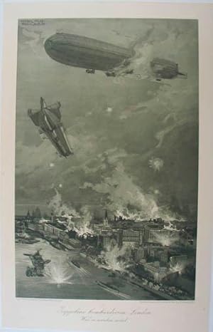 Imagen del vendedor de Heliogravure "Zeppeline bombardieren London. Wie es werden wird". Oldenburg, Kunstverlag Gerhard Stallinger um 1915, 33 x 21,5 cm (Platte) 47,5 x 32 (Blattgr.) a la venta por Antiquariat Johannes Mller