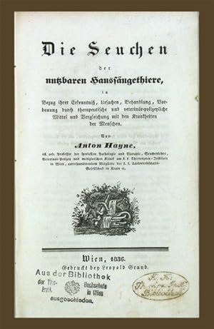 Imagen del vendedor de Die Seuchen der nutzbaren Haussugethiere, in Bezug ihrer Erkenntniss, Ursachen, Behandlung, Vorbauung durch therapeutische und veterinr-polizeyliche Mittel und Vergleichung mit den Krankheiten der Menschen. a la venta por EOS Buchantiquariat Benz