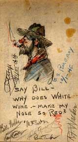 Colored pencil sketch of a cowboy wine drinker smoking cigar.