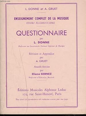 Bild des Verkufers fr ENSEIGNEMENT COMPLET DE LA MUSIQUE. QUESTIONNAIRE PAR L. DONNE zum Verkauf von Le-Livre