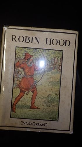 Seller image for Stories of Robin Hood in color Dustjacket of Bearded Man Practicing Archery in Red Outfit Shoes & Hat with Feather Holding Bow & Arrow & Family Watching, Pleasant Hour series for sale by Bluff Park Rare Books