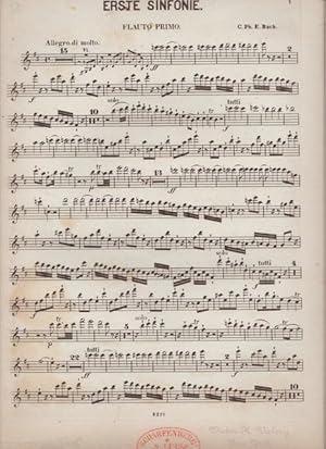 ERSTE SINFONIE [First Symphony in D Major, H.663 Wq. 183:1]. Lot of Parts: (1) Flauto Primo, (Par...