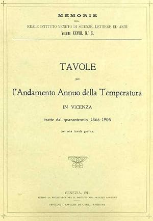 Bild des Verkufers fr Tavole per l'andamento annuo della temperatura in Vicenza tratte dal quarantennio 1866-1905. zum Verkauf von FIRENZELIBRI SRL