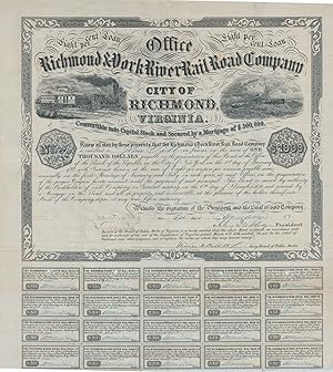 Office Richmond & York River Rail Road Company, City of Richmond, Virginia , issued November 6th,...