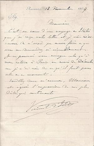 Immagine del venditore per One side autograph note from the French composer Vincent d Indy, dated 18 Novembre 1907. venduto da David Strauss