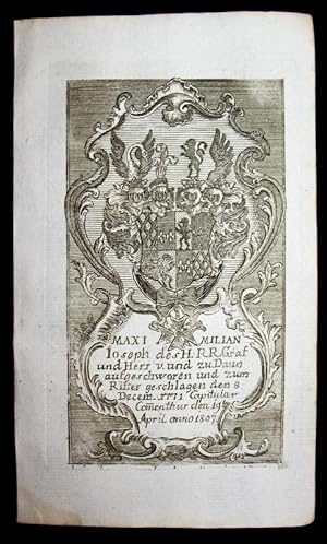 Bild des Verkufers fr Kupferstich-Wappen. Maximilian Joseph Carl des HRR Graf und Herr v. und zu Daun. zum Verkauf von Antiquariat Thomas Rezek