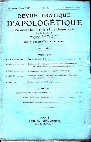 Seller image for REVUE PRATIQUE D APOLOGETIQUE N334 : Mgr A. BAUDILLART SAVOIR VOULOIR PRIER. A. D ALES : LACTANCE UN APOLOGISTE LAIQUE DE LA PROVIDENCE AU IV SIECLE for sale by Le-Livre