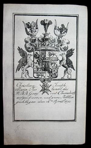Bild des Verkufers fr Kupferstich-Wappen. Christian Joseph Maria des HRR Graf von Oberndorff. zum Verkauf von Antiquariat Thomas Rezek