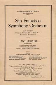 Programme for the Summer Symphony Series, Second Season, 1927, Hans Leschke, Conductor; Alice Gen...