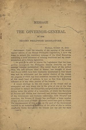 Imagen del vendedor de Message of the governor-general to the second Philippine Legislature a la venta por Zamboni & Huntington