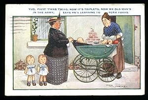 Imagen del vendedor de Comic Colour Illustrated Postcard with the Caption Saying 'Yus, first 'twas twins, now it's triplets, now me old man's in the army, says he's learning to form fours' a la venta por Little Stour Books PBFA Member