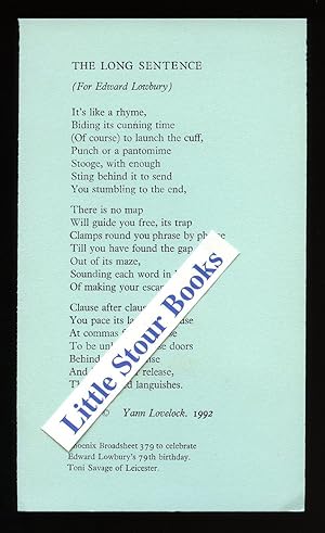 Bild des Verkufers fr The Long Sentence [For Edward Lowbury]; Phoenix Broadsheet No. 379 zum Verkauf von Little Stour Books PBFA Member