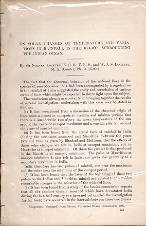 Image du vendeur pour On Solar Changes of Temperature and Variations in Rainfall in the Region Surrounding the Indian Ocean".disbound from Annual Report of the Board of Regents of the Smithsonian Institution.for the Year Ending June 30, 1900 mis en vente par Dorley House Books, Inc.