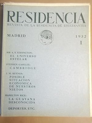 Bild des Verkufers fr Residencia. 1932. 1. (Vol III, Nm. 1) Revista de la Residencia de Estudiantes. Aparece Seis Veces al ao. zum Verkauf von Carmichael Alonso Libros