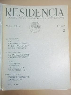 Bild des Verkufers fr Residencia. 1932. 2 (Vol III, Nm. 2) Revista de la Residencia de Estudiantes. Aparece Seis Veces al ao. zum Verkauf von Carmichael Alonso Libros
