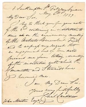 AUTOGRAPH LETTER SIGNED BY ARTIST CHARLES LANDSEER, to John Martin, secretary of the Artists' Ben...