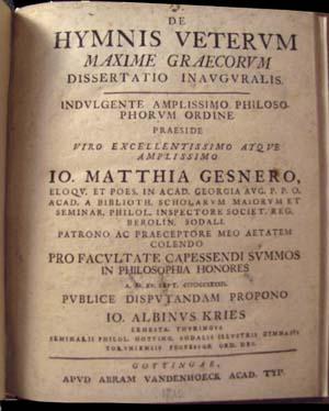 Bild des Verkufers fr De hymnis veterum, maxime graecorum, dissertatio inauguralis zum Verkauf von Parigi Books, Vintage and Rare