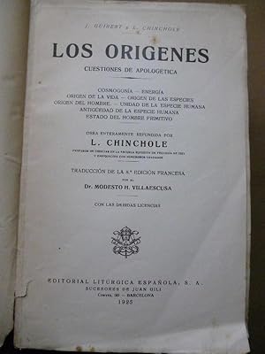 Seller image for Los Orgenes. Cuestiones de Apologtica. Cosmogona. Energa. Origen de la Vida. Origen de las Especies. Unidad de la Especie Humana. Antigedad de la Especie Humana. Estado del Hombre Primitivo. Trad. de Modesto H. Villaescusa. for sale by Carmichael Alonso Libros