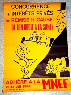 Affiche illustrée fond jaune imprimée en noir et rouge, intitulée : Concurrence + intérêts privés...