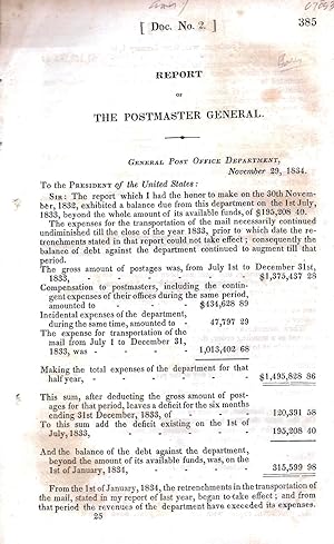 Seller image for REPORT OF THE POSTMASTER GENERAL. GENERAL POST OFFICE DEPARTMENT, NOVEMBER 29, 1834. for sale by Legacy Books