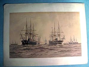 Seller image for Lithograph, Frederick S. Cozzens, naval vessels 'Hartford', 'Franklin', 'Powhatan' and 'Colorado', 1893 ~ From the scarce collection 'Old Naval Prints', plate 11 [San Francisco Maritime Museum deaccession; ex Carnegie Museum collection] for sale by Seacoast Books