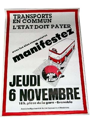Affiche illustrée signée CASA - Transports en commun l'état doit payer, avec les élus communistes...