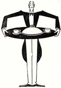 Waiter holding tray of food.