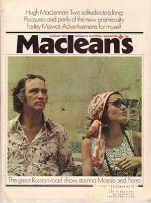 Imagen del vendedor de MacLean's Canada's National Magazine, August 1971, .Margaret Trudeau & Pierre Elliott Trudeau Our Heroes on the Russian Front, Two Solitudes That Meet & Greet in Hope & Hate, On Being Mowat, As French Canadian as Baseball, Grace Slick, Jean Beliveau,+++ a la venta por Nessa Books