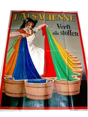 Affiche lithographie en couleurs - Van l'Alsacienne. 'Verft alle stoffen'.