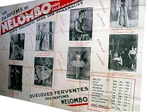 Affiche PARFUMS NELOMBO illstrée de photographies d'artistes de l'époque Gaby MORLY, Suzette O'NI...