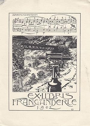 Exlibris für Franc Anderle Eisenbahnbrücke mit Geodäsie-Apparat und Notenzeile, 1902, 14,5 x 11,5 cm