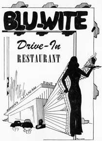 Blu-Wite Drive-In Restaurant. Borden's Ice Cream. [Streamline moderne architecture with waitress ...