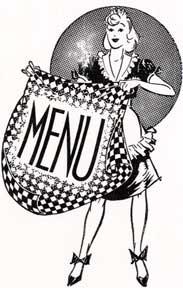 Menu. [Waitress holding a menu tablecloth].