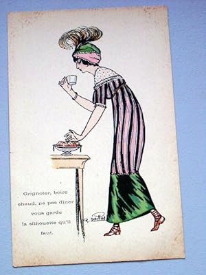 Carte postale illustrée par Charles Naillot -Grignoter, boire chaud, ne pas dîner, vous garde la ...