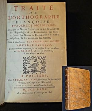 Bild des Verkufers fr Trait de l'orthographe franoise en forme de dictionnaire ; Chez J.Felix faulcon, Poitiers, 1775. Plein Veau Fauve granit. tat : Satisfaisant. In8. Enrichi de Notes Critiques et de Remarques sur l'Etymologie & la Prononciation des Mots, le Genre des No zum Verkauf von Abraxas-libris