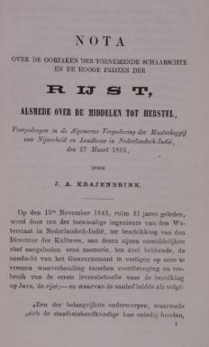 Seller image for Nota over de oorzaken der toenemende schaarste en de hooge prijzen der rijst, alsmede over de middelen tot herstel. Voorgedragen in de Algemeene Vergadering der Maatschappij van Nijverheid en Landbouw in Nederlandsch-Indi, den 27 Maart 1865. for sale by Gert Jan Bestebreurtje Rare Books (ILAB)