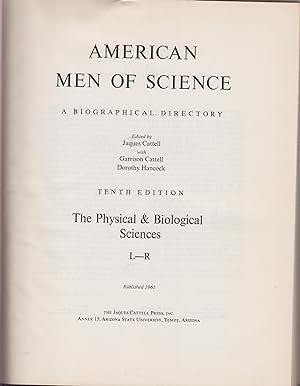 Bild des Verkufers fr American Men of Science the Physical and Biological Sciences L-R Tenth Edition by Cattell, Jaques (ed) zum Verkauf von Robinson Street Books, IOBA