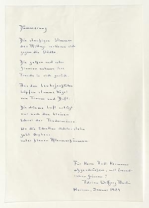Imagen del vendedor de Eigenh. Gedichtmanuskript (15 Zeilen) mit Widmung und U. a la venta por Eberhard Kstler Autographen&Bcher oHG