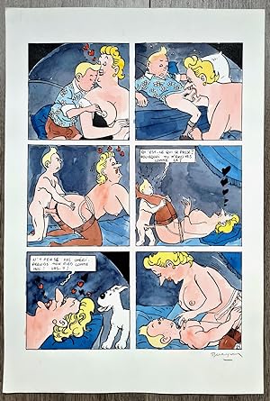 Image du vendeur pour Magnifique planche originale en couleurs, signe, ralis par Jan Bucquoy pour sa BD parodique : La Vie Sexuelle de Tintin, d'aprs Herg. mis en vente par Librairie Victor Sevilla