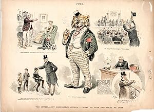 Imagen del vendedor de PRINT: "The Intelligent Republican Citizen--What he Says and What he Does".engraving from Puck Humorous Weekly, October, 1890 a la venta por Dorley House Books, Inc.