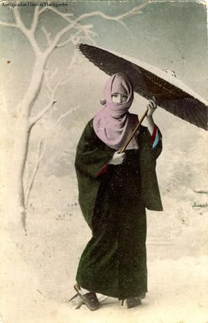 Japanerin mit Schirm im Schnee. Carte postale