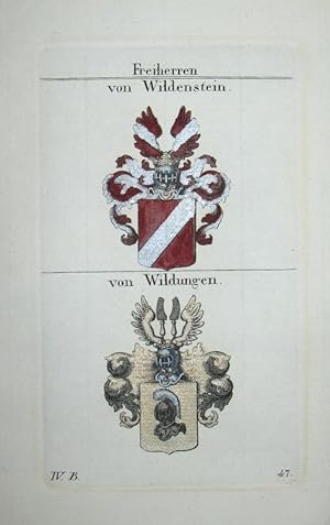 Immagine del venditore per Kolorierter Kupferstich mit 2 Wappen auf einem Blatt. Freiherren von Wildenstein und von Wildungen. venduto da Antiquariat Thomas Rezek