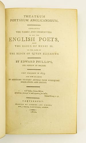 THEATRUM POETARUM ANGLICANORUM: CONTAINING THE NAMES AND CHARACTERS OF ALL THE ENGLISH POETS